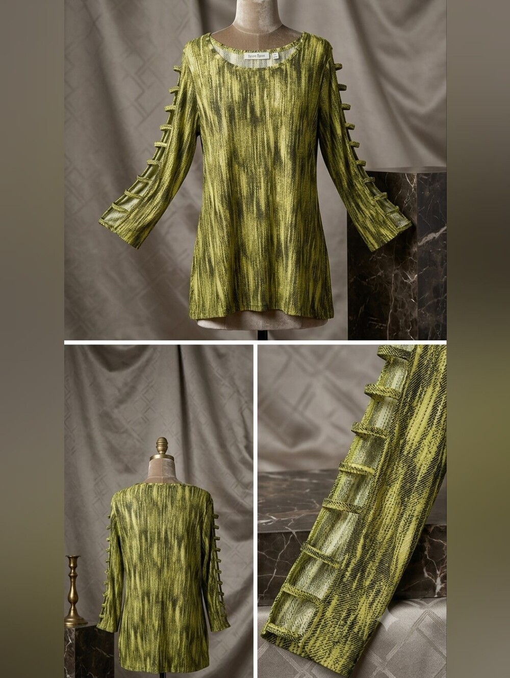 Lattice-Sleeve Long Sleeve Top in Olive Green